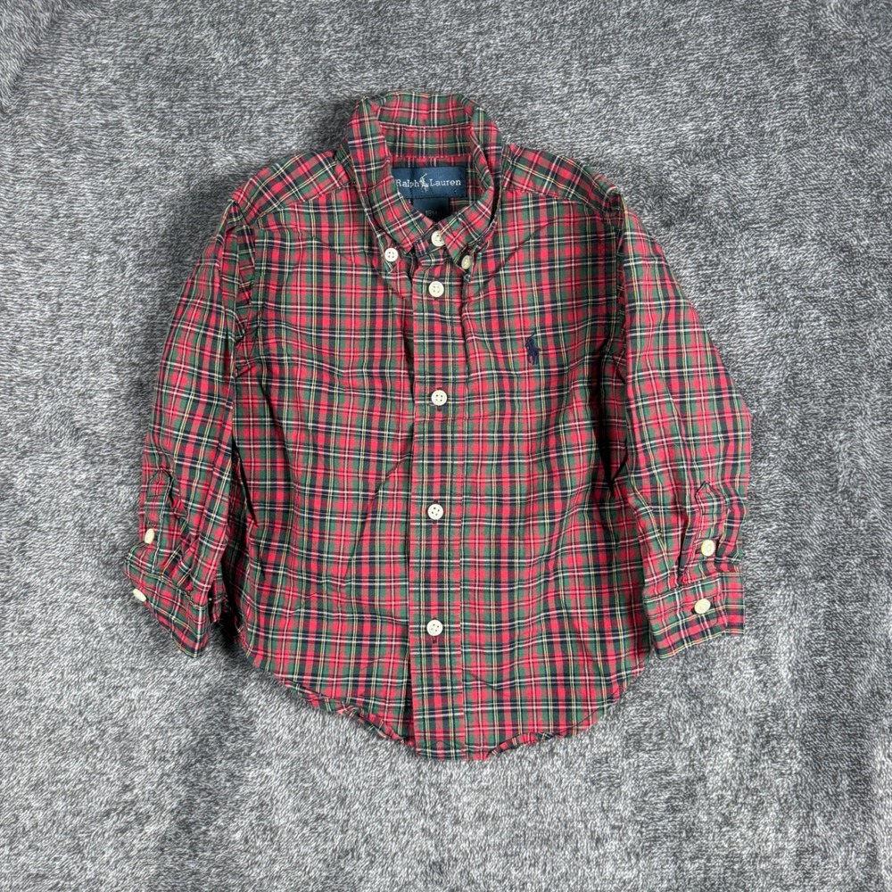 Ralph Lauren Toddler Boys Red Green Tartan Plaid Button Down Shirt 18M